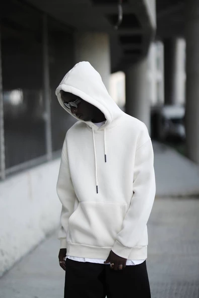 Kapşonlu 3 İplik Kalın İçi Polarlı Oversize Kangru Cepli Erkek Sweatshirt - 7