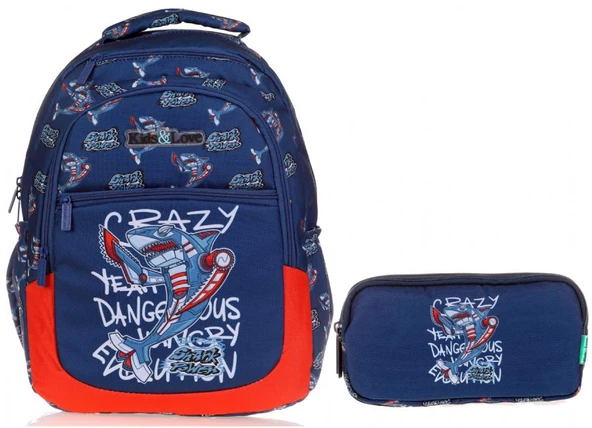 Kaukko Lacivert Kırmızı Mekanik Köpekbalığı İlkokul Sırt Çantası ve Kalemlik Seti - Erkek Çocuk ürün görseli