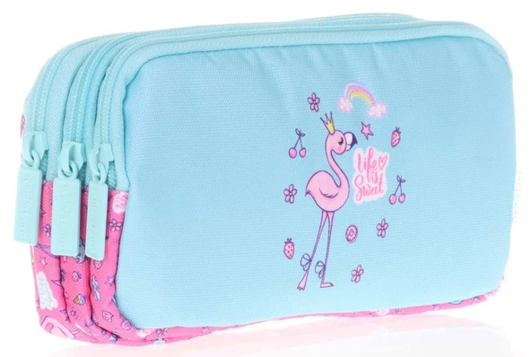 Kids&Love Üç Bölmeli Kız Çocuk Kalem Çantası - Turkuaz Pembe Flamingo