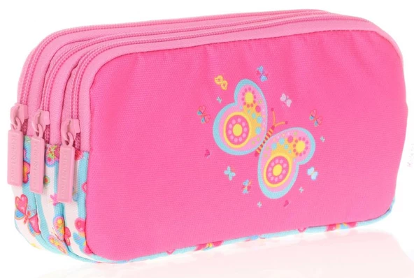 Kids&Love Üç Bölmeli Kız Çocuk Kalem Çantası - Pembe Kelebek
