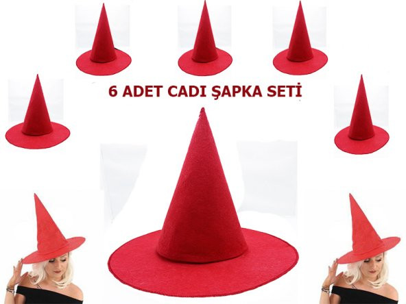 Kırmızı Renk Keçe Cadı Şapkası Yetişkin Çocuk Uyumlu 6 Adet (3791)