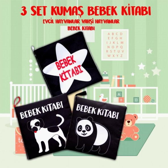 3 Kitap  Siyah-Beyaz Evcil, Vahşi Hayvanlar ve Bebek Kumaş Sessiz Kitap T060 T137 T138 - Bez Kitap - Resim 2