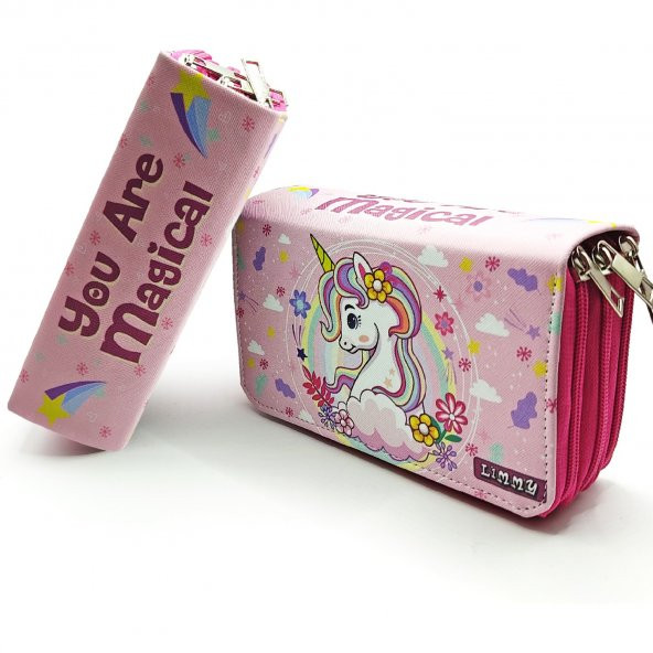 Bahar Çiçekli Unicorn Kalem Kutusu Kawai Organizer Kalemkutu Vegan Deri Üç Bölmeli Kalemlik- Pembe - 2