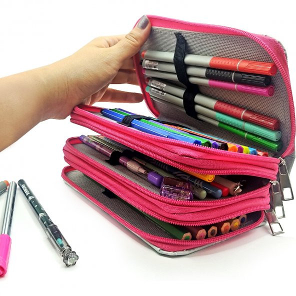 Bahar Çiçekli Unicorn Kalem Kutusu Kawai Organizer Kalemkutu Vegan Deri Üç Bölmeli Kalemlik- Pembe - 4