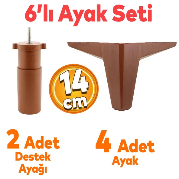 Sedir 6'lı Set Mobilya TV Ünitesi Çekyat Koltuk Kanepe Destek Ayağı 14 cm Kahverengi Kanat 17 Ayak