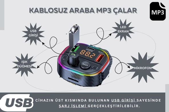 Cosmostech Car T86M Araç Fm Transmitter 5.0 Bluetooth Araç Kiti Hızlı 20W Şarj Qc3.0 Çift USB Mp3 Sd Kart Çakmaklık Girişli Oto Müzik Çalar - 3