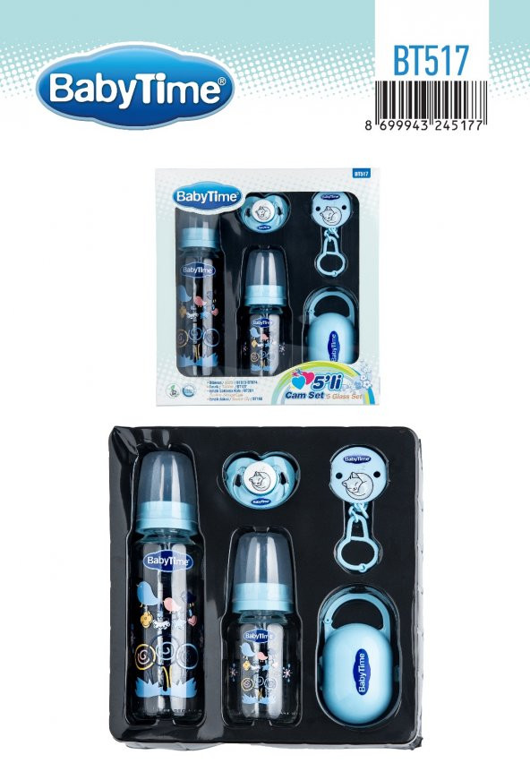 BabyTime BT517 5'li Cam Biberon Seti Mavi