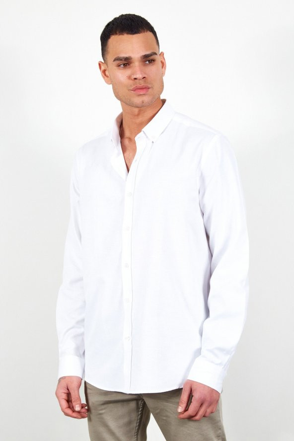 Beyaz Erkek Kolay Ütülenebilir Standart Fit Normal Kesim Oxford Gömlek