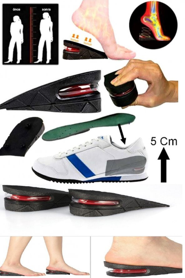 Boy Uzatıcı Tabanlık Hava Yastıklı Ayakkabı Içi Topuk Yükseltici 5 Cm Siyah
