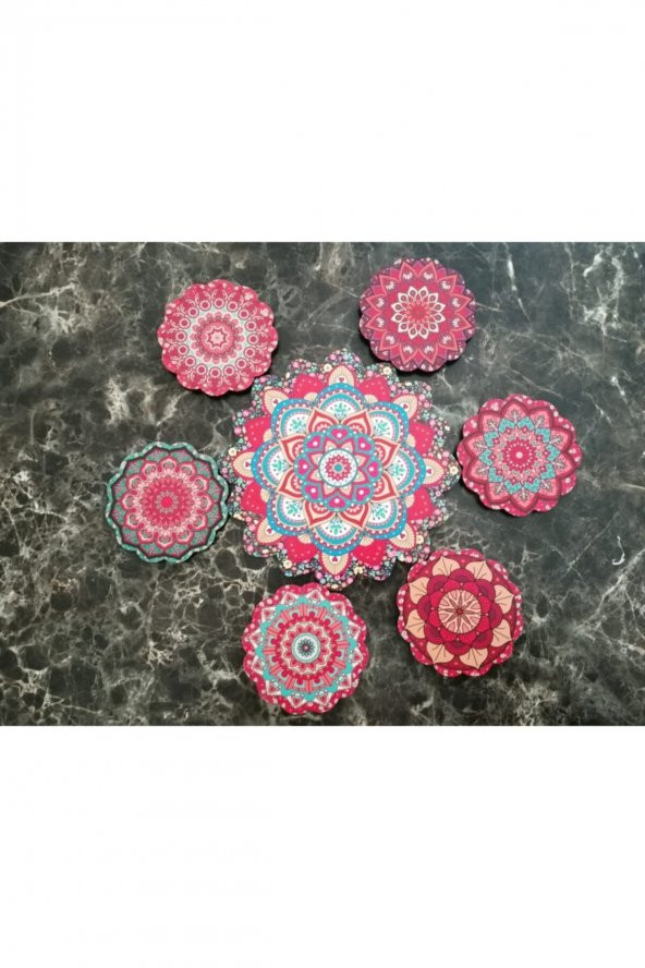 Otantik Desenli Ahşap Nihale Ve Bardak Altlığı Seti (1 Adet Nihale Ve 6 Adet Bardak Altlığı Seti) - 2