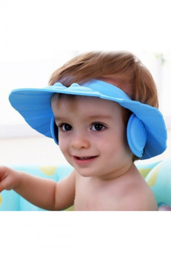 Bebek Banyo Şapkası Düğmeli Kulaklıklı - Mavi Renk