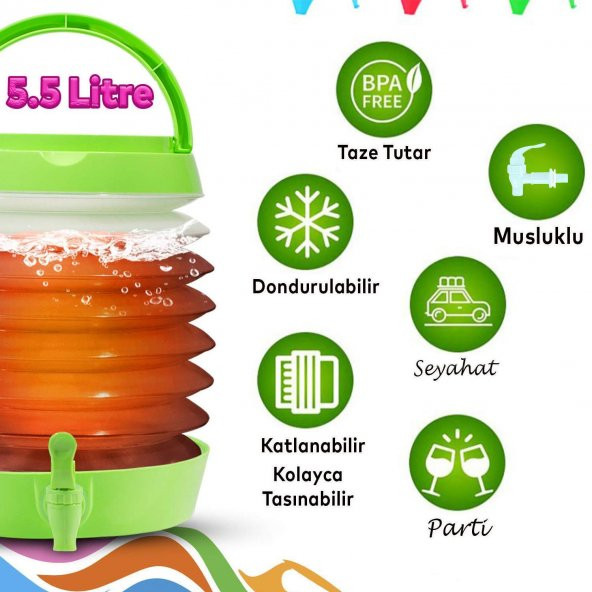 Pratik Su Sebili Taşınabilir Katlanabilir Termos Çeşmeli Körüklü 5.5 Litre Piknik Kamp Su Ayran Meşrubat İçecek Bidonu Yeşil - 2