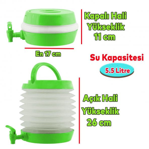 Pratik Su Sebili Taşınabilir Katlanabilir Termos Çeşmeli Körüklü 5.5 Litre Piknik Kamp Su Ayran Meşrubat İçecek Bidonu Yeşil - 4