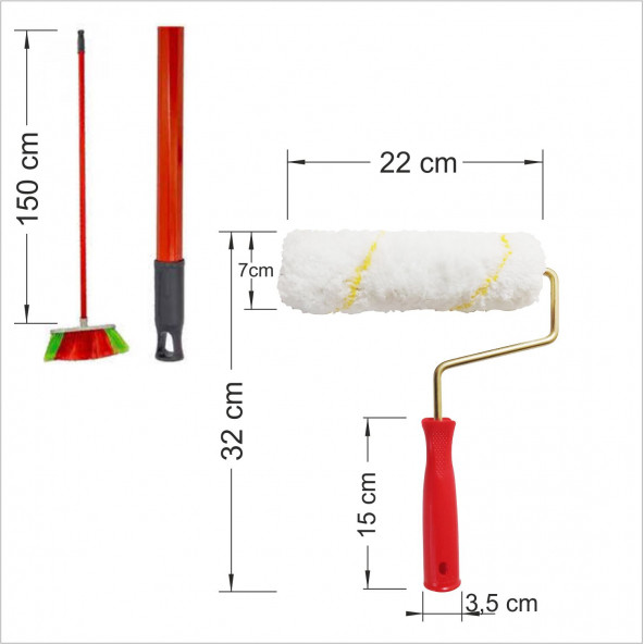 Geniş 25 cm Boya Rulolu Merdaneli Oto Yıkama Fırçalı 150 cm  Uzun Metal Süpürge Sapı Sap Çubuk Oklav