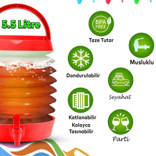 Su Sebili Pratik Katlanabilir Termos Çeşmeli Körüklü 5.5 Litre Piknik Kamp Su Ayran Meşrubat İçecek Bidonu Kırmızı - 2