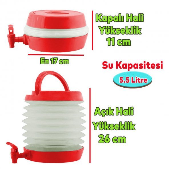Su Sebili Pratik Katlanabilir Termos Çeşmeli Körüklü 5.5 Litre Piknik Kamp Su Ayran Meşrubat İçecek Bidonu Kırmızı - 3