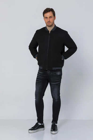 Erkek Regular Fit Fermuarlı Pilot Yaka Cepli Kışlık Astarsız Kaşe Mont - 3
