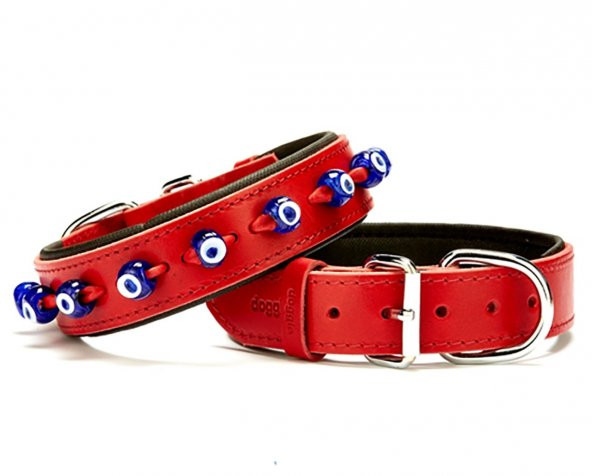 Doggie Konfor Deri Nazar Boncuklu Boyun Tasması 3.5x52-60 CM Kırmızı
