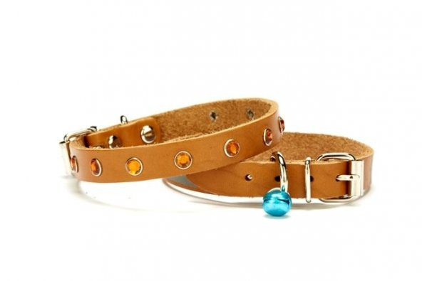 Doggie Taşlı Deri Kedi Tasması 1.2x25-29cm Camel