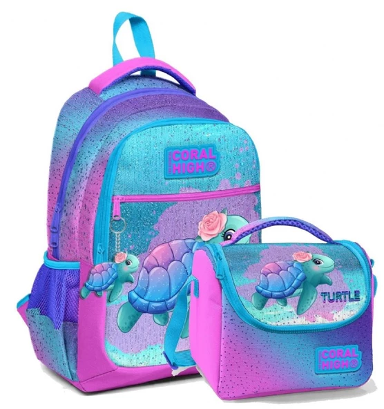 Coral High Okul Sırt ve Beslenme Çantası Seti - Kız Çocuk Pembe Mavi Kaplumbağa