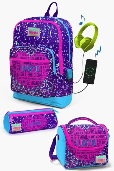 Coral High Kids Mor Mavi Pembe Kalp Desenli USB'li 3'lü Okul Çanta Seti - Kız Çocuk ürün görseli