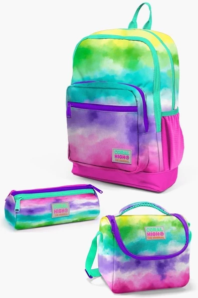 Coral High Kids Renkli Batik Desenli 3'lü Okul Çanta Seti - Kız Çocuk