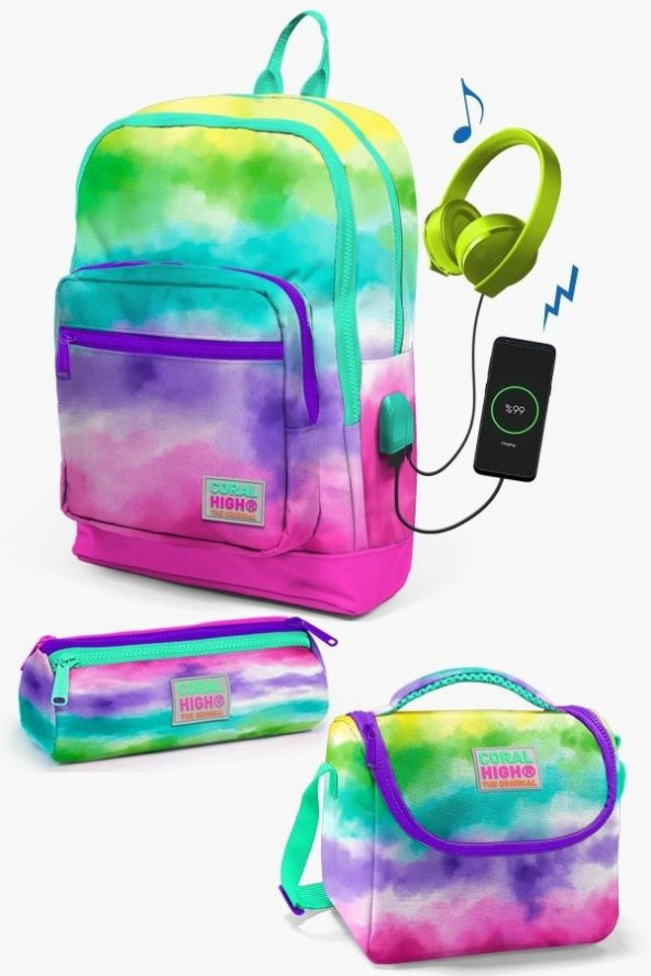 Coral High Kids Renkli Batik Desenli USB'li 3’lü Okul Çanta Seti - Kız Çocuk