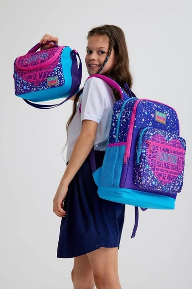 Coral High Kids Mor Mavi Pembe Kalp Desenli USB'li 3'lü Okul Çanta Seti - Kız Çocuk - Resim 2