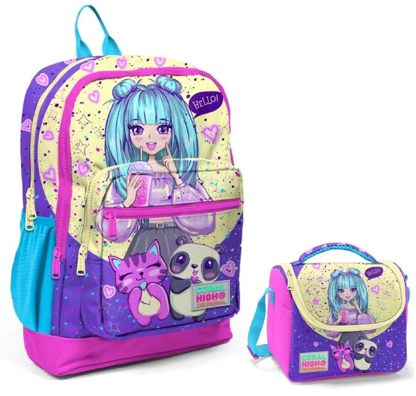 Coral High Mor Pembe Anime Okul Sırt ve Beslenme Çantası Seti