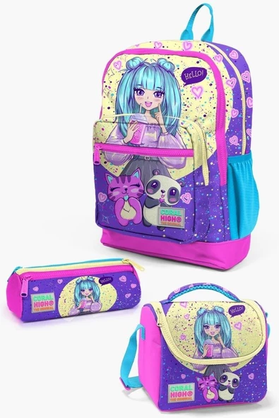 Coral High Kids Mor Pembe Anime Kız Desenli 3’lü Okul Çanta Seti