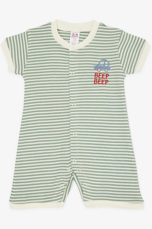 Erkek Bebek Şortlu Tulum Çizgili Araba Yazı Nakış Baskılı , Mint Yeşili