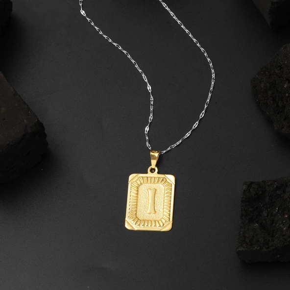 Kare Plakalı 14 Ayar Altın I Harf Kolye Ucu - Resim 4