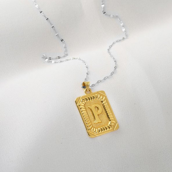 Kare Plakalı 14 Ayar Altın P Harf Kolye Ucu - Resim 3