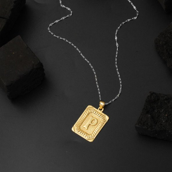 Kare Plakalı 14 Ayar Altın P Harf Kolye Ucu - Resim 4