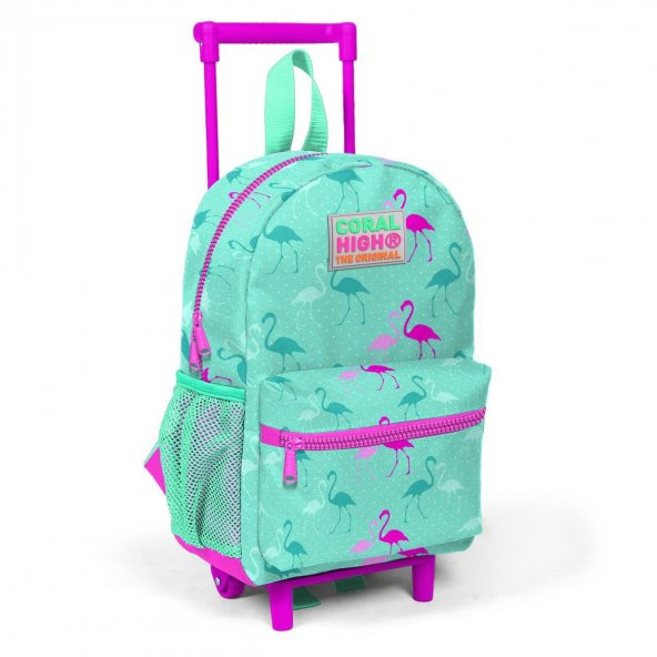 Coral High Kids Minik Yuva Çekçekli Sırt Çantası Su Yeşili Neon Pembe Flamingo Desenli İki Bölmeli 24004 - 1