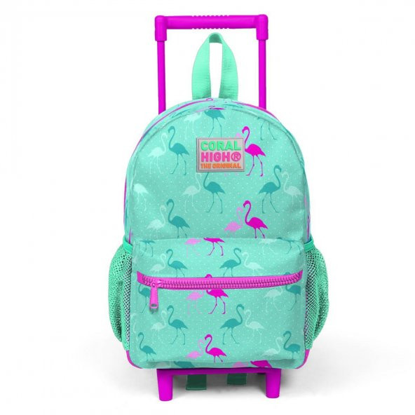 Coral High Kids Minik Yuva Çekçekli Sırt Çantası Su Yeşili Neon Pembe Flamingo Desenli İki Bölmeli 24004 - 3