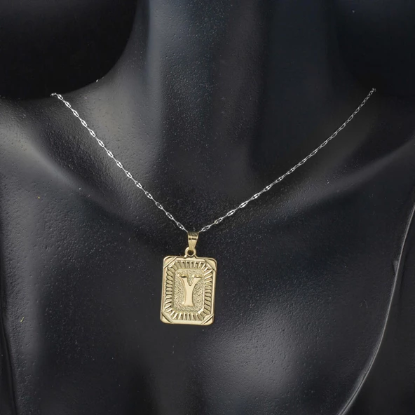Kare Plakalı 14 Ayar Altın Y Harf Kolye Ucu - Resim 2