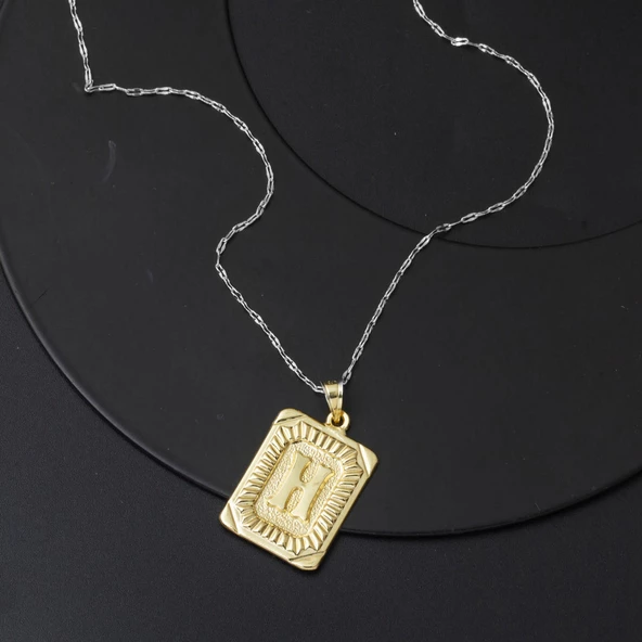 Kare Plakalı H Harf Kolye Ucu 14 Ayar Altın - Resim 2