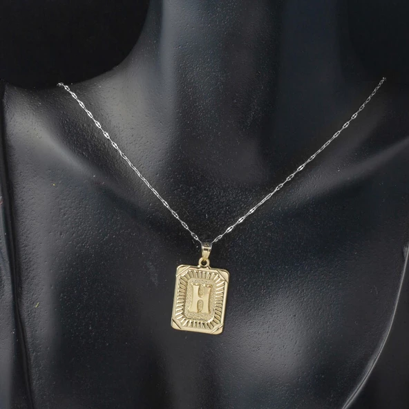 Kare Plakalı H Harf Kolye Ucu 14 Ayar Altın - Resim 3