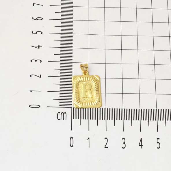 R Harf Kolye Ucu 14 Ayar Kare Altın Plakalı - Resim 4