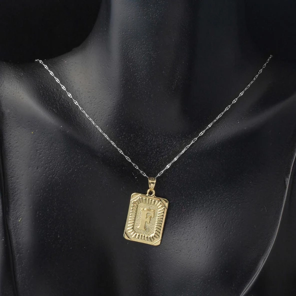 F Harf Kolye Ucu 14 Ayar Kare Altın Plakalı - Resim 3