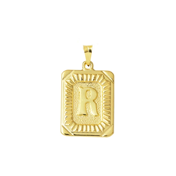 R Harf Kolye Ucu 14 Ayar Kare Altın Plakalı ürün görseli