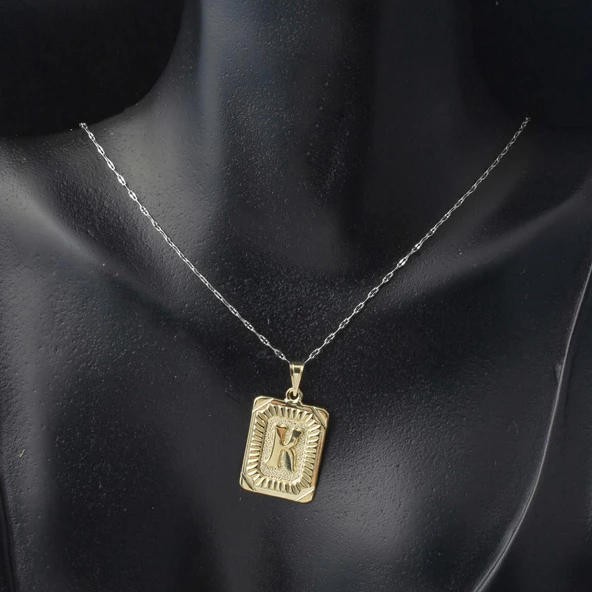 K Harf Kolye Ucu 14 Ayar Kare Altın Plakalı - Resim 3