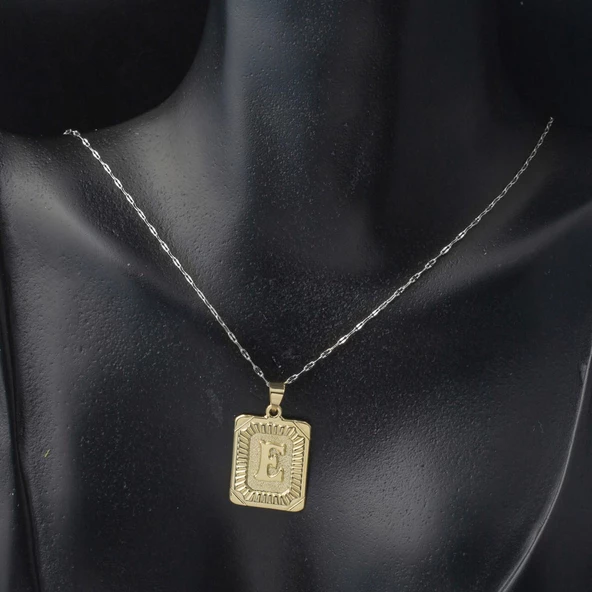 Kare Altın Plakalı 14 Ayar E Harf Kolye Ucu - Resim 3