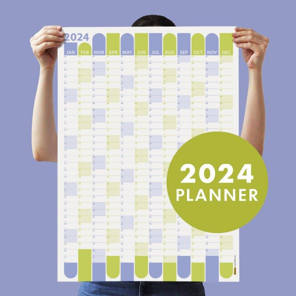 2024 Yıllık Planlayıcı Duvar Takvimi | Mor ve Yeşil Renk | Yıl ve Aylık Planlayıcı | 35x50cm
