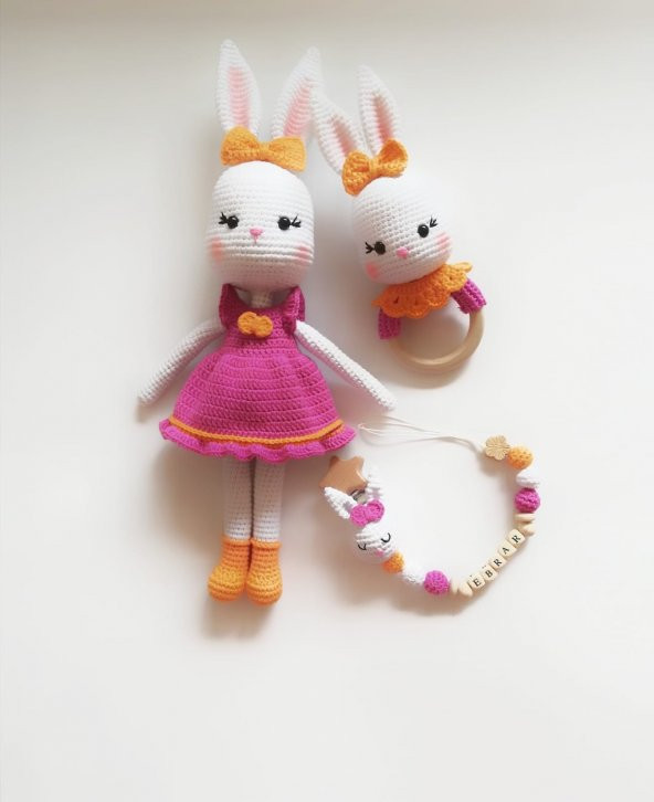 Bayan Tavşan Yenidoğan Seti Amigurumi Organik Oyuncak - 2