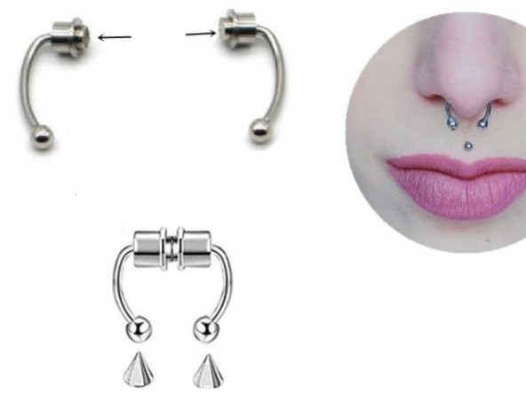 Gümüş Mıknatıslı Fake Burun Piercing -Top Ve Ok Uçlu Paslanmaz Septum Deliksiz Pirsing - 4
