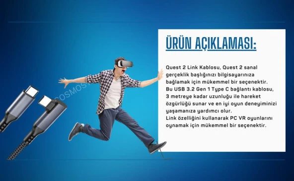 Cosmostech Meta Quest Sanal Gerçeklik Gözlüğü için Link Kablosu 1/2/3/Pro/Pico Uyumlu 3.2 Hızlı Data Kablosu 3m – G - 3