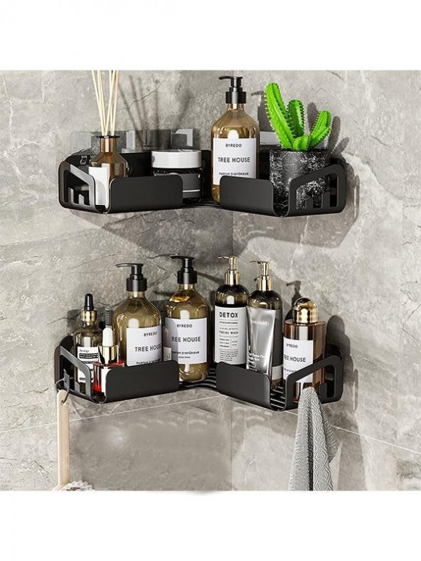 Metal Banyo Köşe Duvar Rafı Şampuanlık Sabunluk 4 Kancalı Duvar Rafı ve Askılık - 2