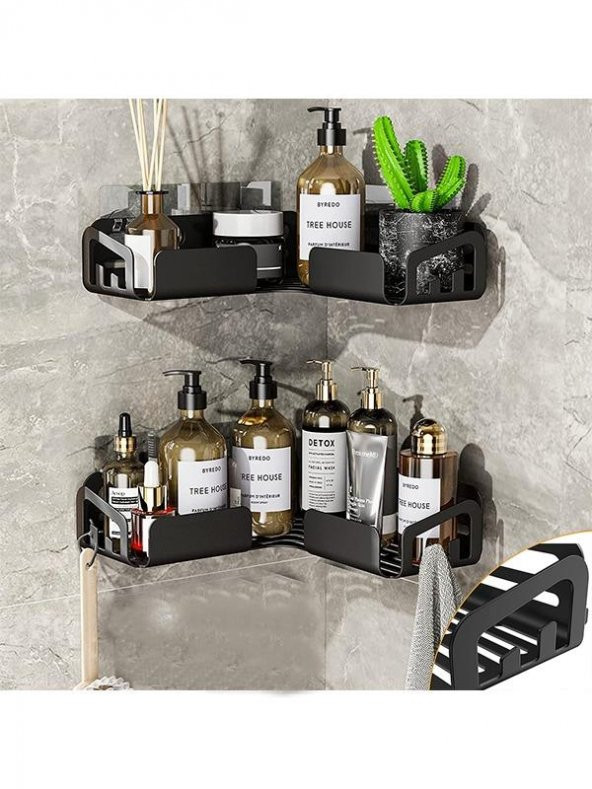 Metal Banyo Köşe Duvar Rafı Şampuanlık Sabunluk 4 Kancalı Duvar Rafı ve Askılık - 3